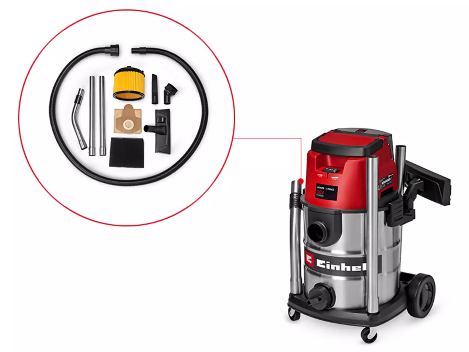 Акумуляторний пилосос Einhell TE-VC 36/25 Li S-Solo з комплектом насадок і фільтрів