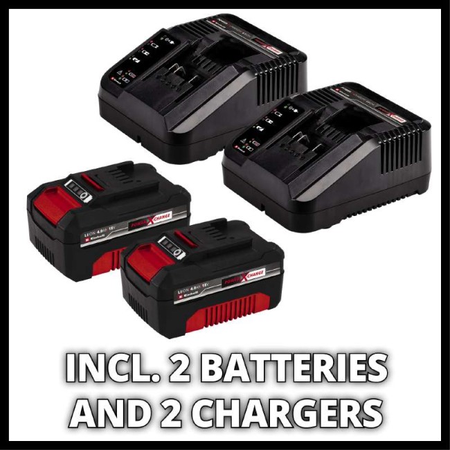 Акція! Набір Акумуляторна безщіткова мульчуюча газонокосарка Einhell GE-CM 36/48 Li M-Solo + 2 зарядні пристрої і 2 акумулятора 18V 4,0 Ah (3413054, 4512042-2 шт.)