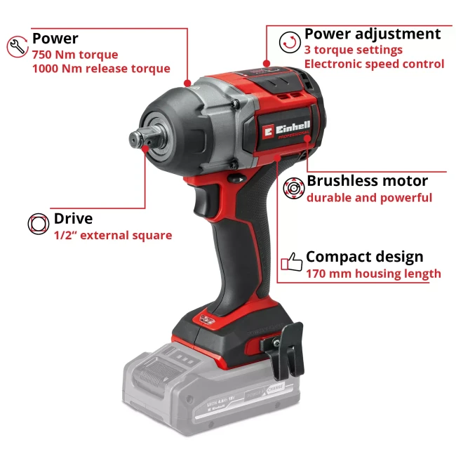 Ударний гайковерт акумуляторний безщітковий Einhell Professional TP-CW 18/750-C Li BL-Solo (4510065) Ударний гайковерт акумуляторний безщітковий Einhell Professional TP-CW 18/750-C Li BL-Solo (4510065)