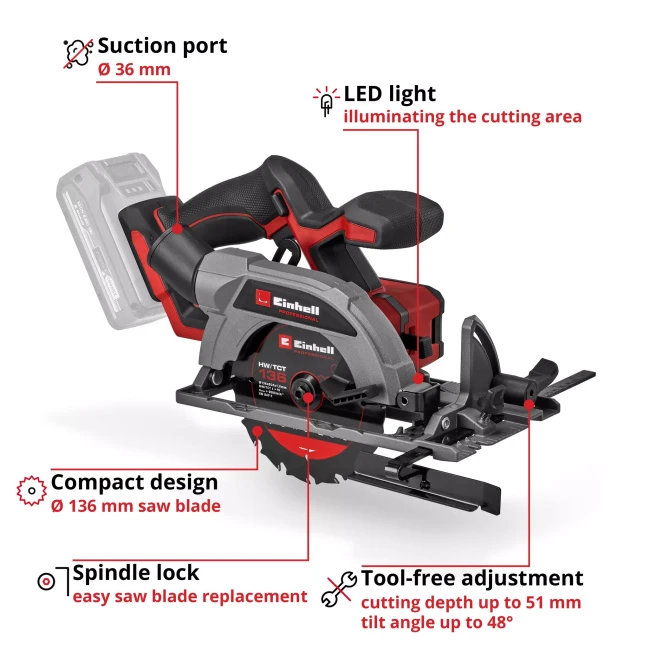Пила циркулярная бесщеточная аккумуляторная Einhell Professional TP-CS 18/136-C Li BL - Solo (4331240)
