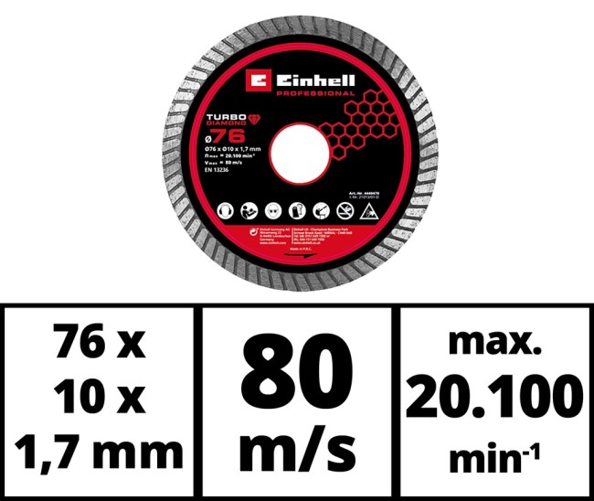 Диск отрезной алмазный по плитке Einhell, 76х10х1,7 мм (4440470) Диск отрезной алмазный по плитке Einhell, 76х10х1,7 мм (4440470)