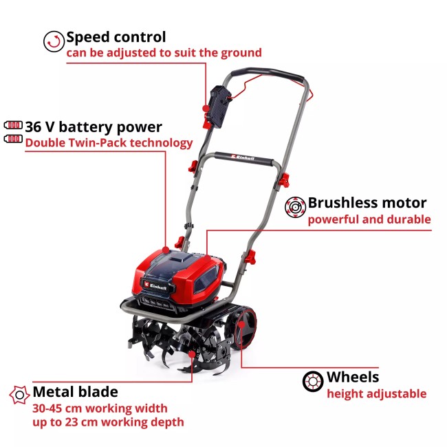 Набір культиватор безщітковий акумуляторний Einhell GP-CR 36/45 Li E BL + 2 х Starter-Kit 5.2 Ah (3431220, 2 х 4512147)
