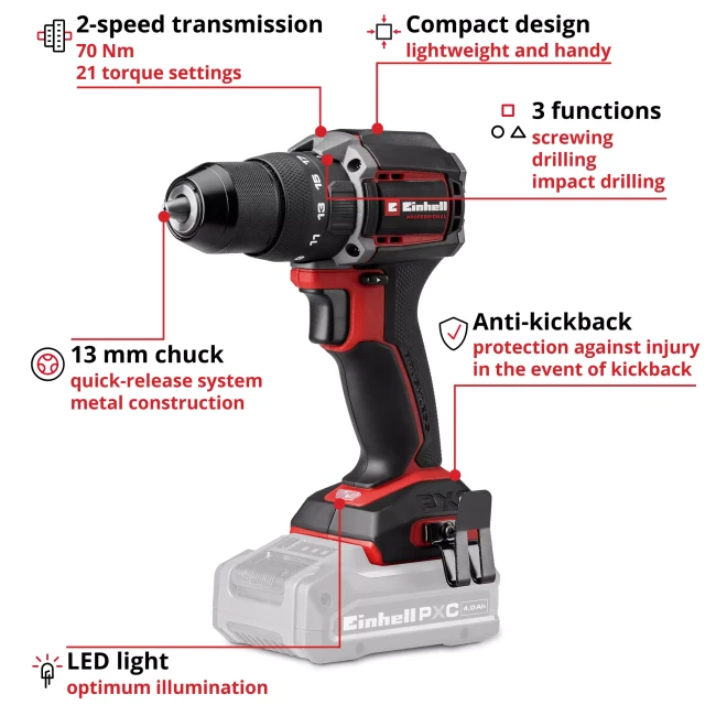Ударний дриль-шурупокрут акумуляторний безщітковий Einhell Professional TP-CD 18/70-C Li-i BL - Solo (4514340)
