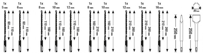 Набір 10 бурів, зубило і долото SDS-Plus KWB (240295)